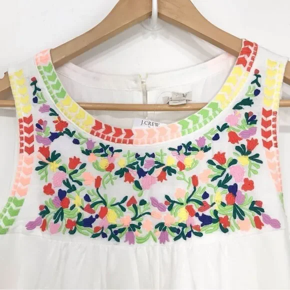 J. Crew Factory Colorful Embroidered White Linen Cotton Blend Sleeveless Dress - Picture 8 of 16